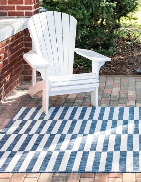 Blue 6' 1 x 9' Outdoor Striped Rectangle Area Rug Weather Resistant for Patio, Deck, Terrace, Balcony, Porch Geometric Pattern Waterproof Carpet for Sale at Rug Engine