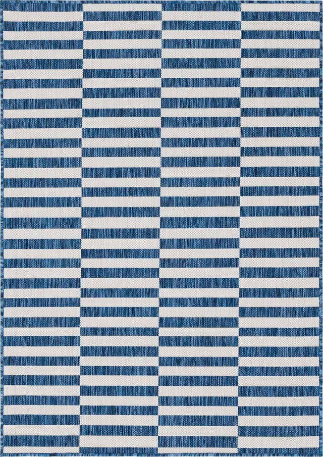 Blue 4' 1 x 6' 1 Outdoor Striped Rectangle Area Rug Weather Resistant for Patio, Deck, Terrace, Balcony, Porch Geometric Pattern Waterproof Carpet for Sale at Rug Engine
