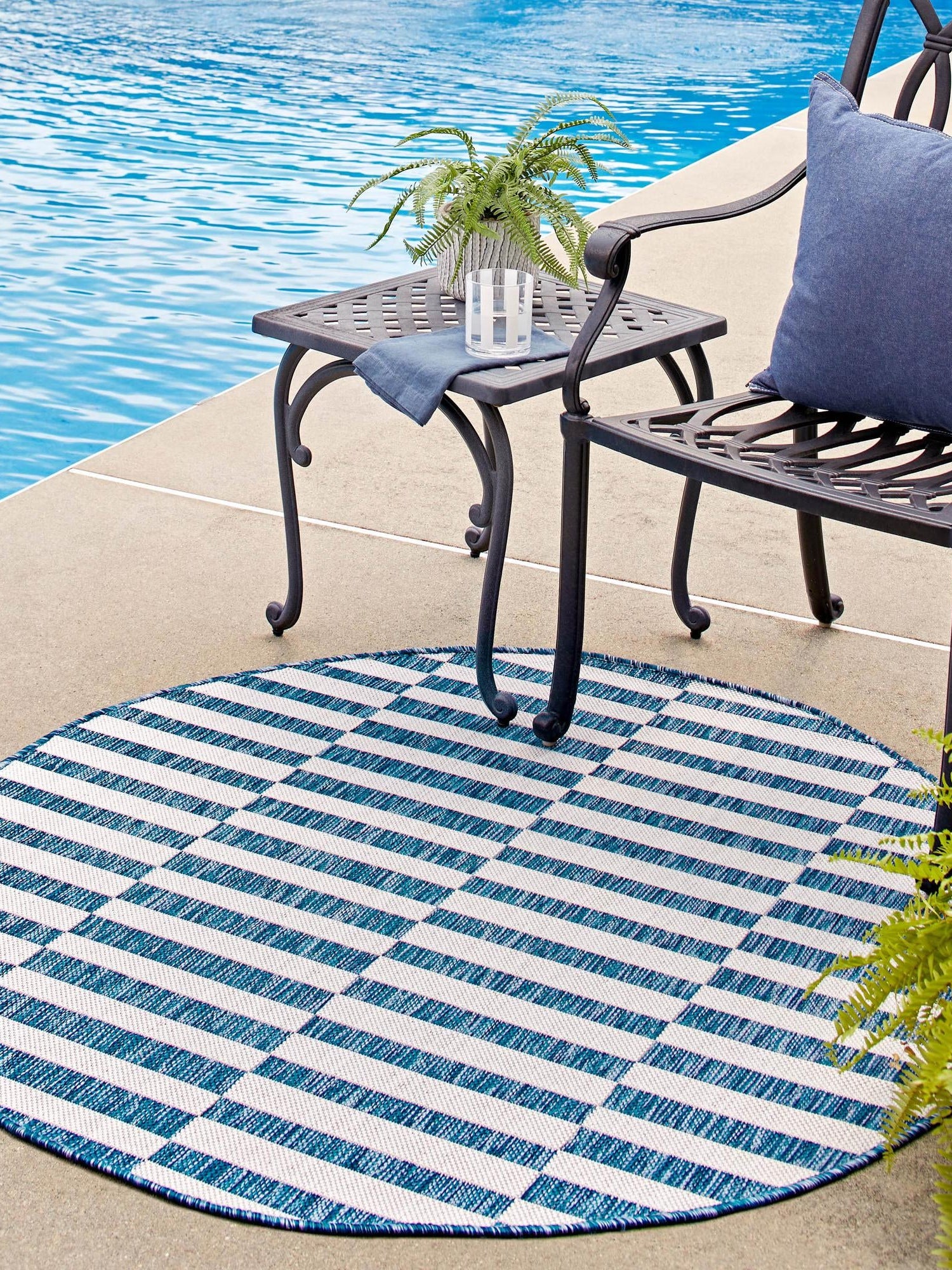 Blue 12' x 12' Outdoor Striped Round Area Rug Weather Resistant for Patio, Deck, Terrace, Balcony, Porch Geometric Pattern Waterproof Carpet for Sale at Rug Engine