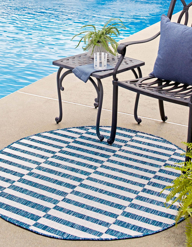 Blue 5' 3 x 5' 3 Outdoor Striped Round Area Rug Weather Resistant for Patio, Deck, Terrace, Balcony, Porch Geometric Pattern Waterproof Carpet for Sale at Rug Engine