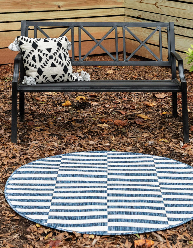 Blue 4' 1 x 4' 1 Outdoor Striped Round Area Rug Weather Resistant for Patio, Deck, Terrace, Balcony, Porch