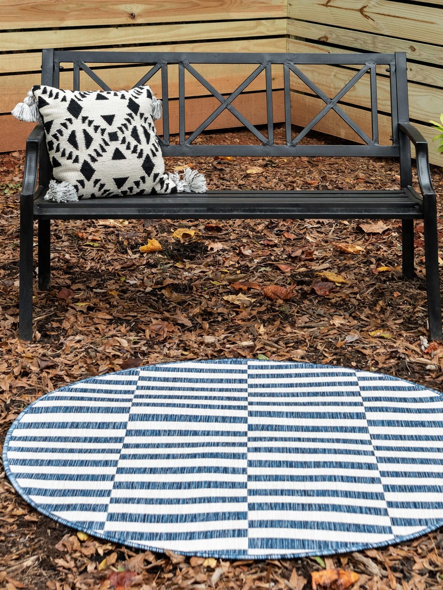 Blue 12' x 12' Outdoor Striped Round Area Rug Weather Resistant for Patio, Deck, Terrace, Balcony, Porch Geometric Pattern Waterproof Carpet for Sale at Rug Engine