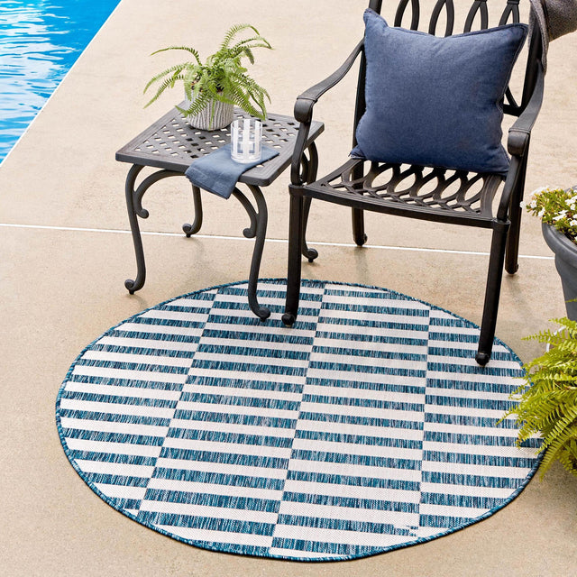 Blue 7' 10 x 7' 10 Outdoor Striped Round Area Rug Weather Resistant for Patio, Deck, Terrace, Balcony, Porch Geometric Pattern Waterproof Carpet for Sale at Rug Engine