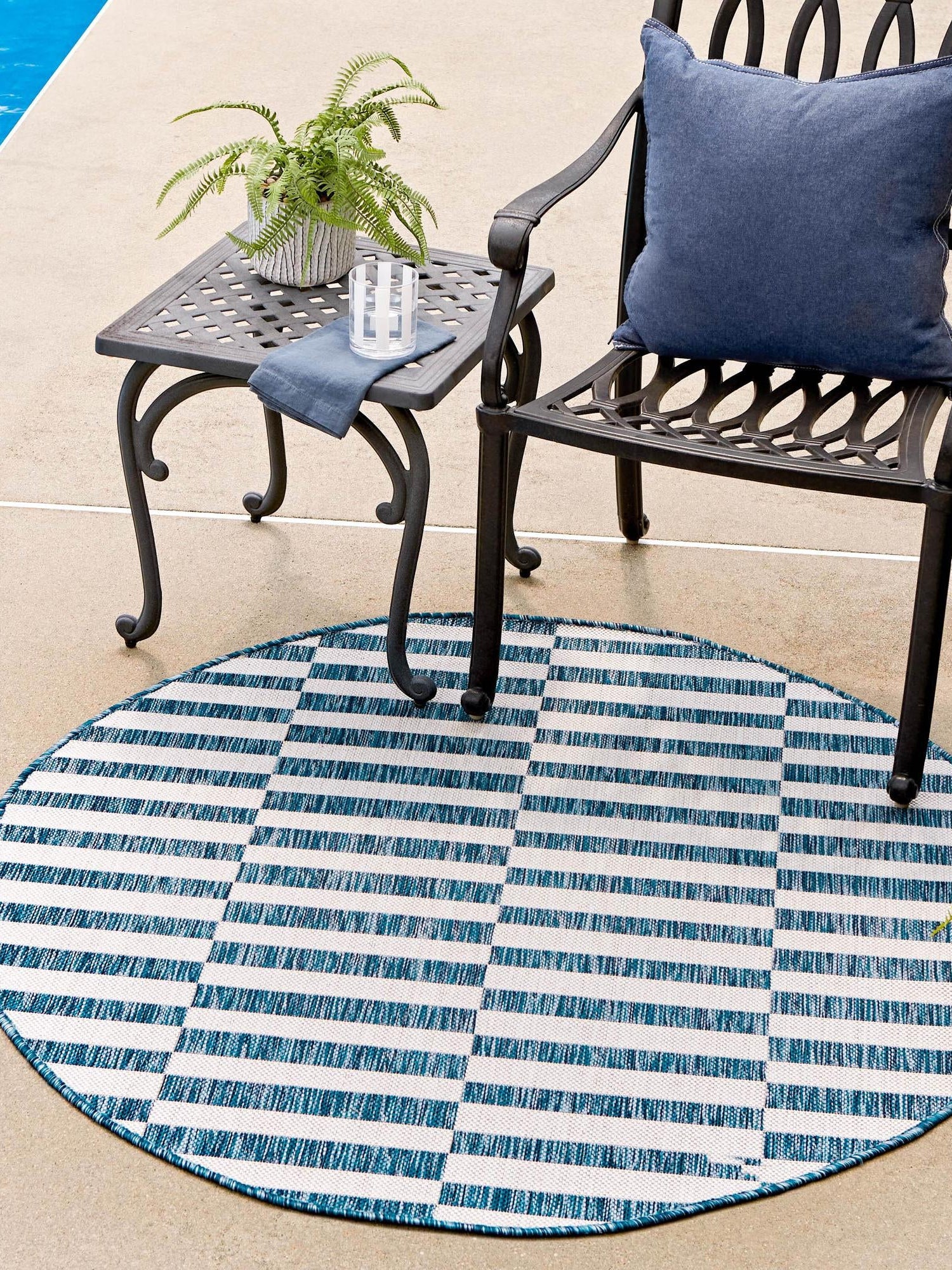 Blue 5' 3 x 5' 3 Outdoor Striped Round Area Rug Weather Resistant for Patio, Deck, Terrace, Balcony, Porch Geometric Pattern Waterproof Carpet for Sale at Rug Engine
