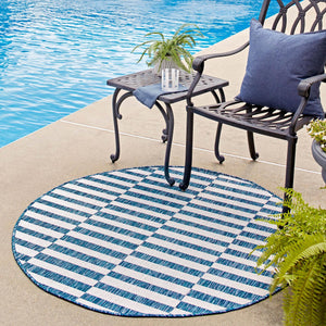 Blue 7' 10 x 7' 10 Outdoor Striped Round Area Rug Weather Resistant for Patio, Deck, Terrace, Balcony, Porch Geometric Pattern Waterproof Carpet for Sale at Rug Engine