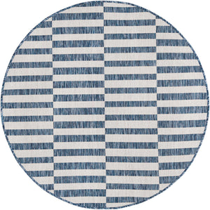 Blue 4' 1 x 4' 1 Outdoor Striped Round Area Rug Weather Resistant for Patio, Deck, Terrace, Balcony, Porch