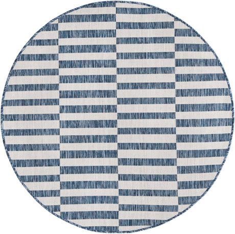 Blue 4' 1 x 4' 1 Outdoor Striped Round Area Rug Weather Resistant for Patio, Deck, Terrace, Balcony, Porch