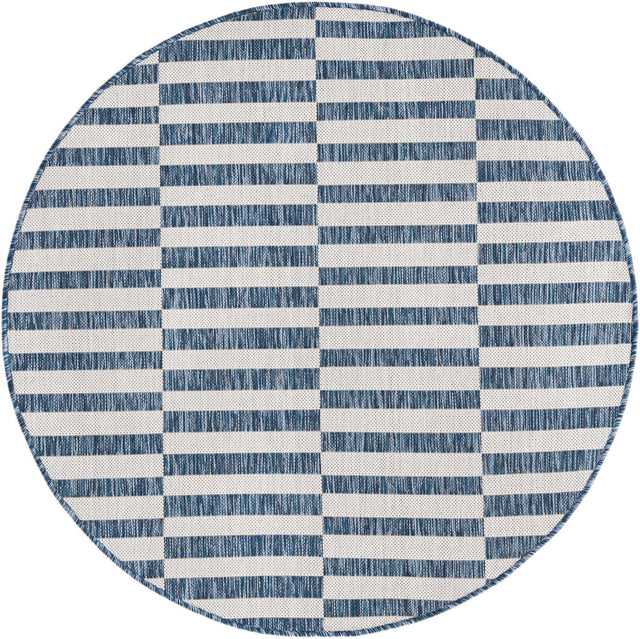 Blue 4' 1 x 4' 1 Outdoor Striped Round Area Rug Weather Resistant for Patio, Deck, Terrace, Balcony, Porch