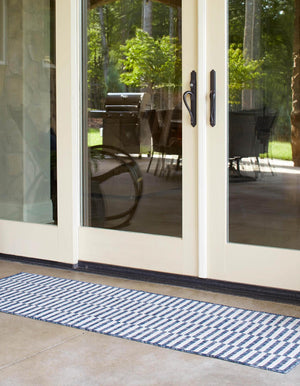 Blue 2' x 8' Outdoor Striped Runner Area Rug Weather Resistant for Patio, Deck, Terrace, Balcony, Porch Geometric Pattern Waterproof Carpet for Sale at Rug Engine