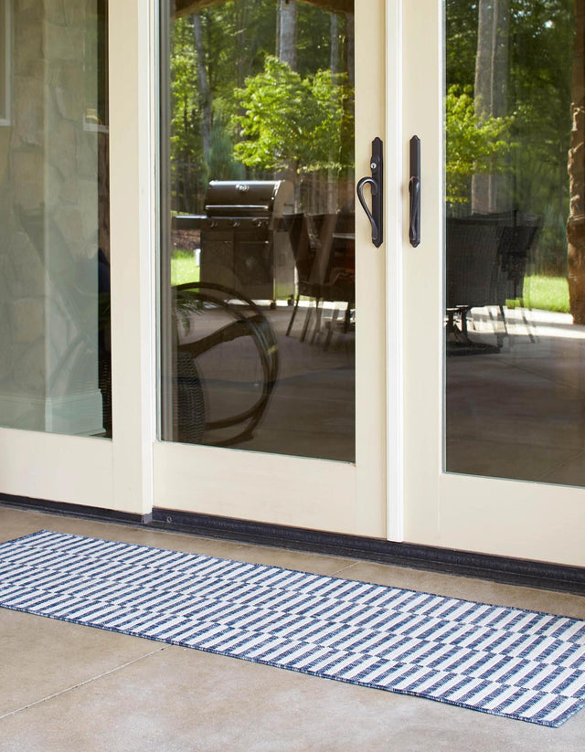 Blue 3' x 10' Outdoor Striped Runner Rug