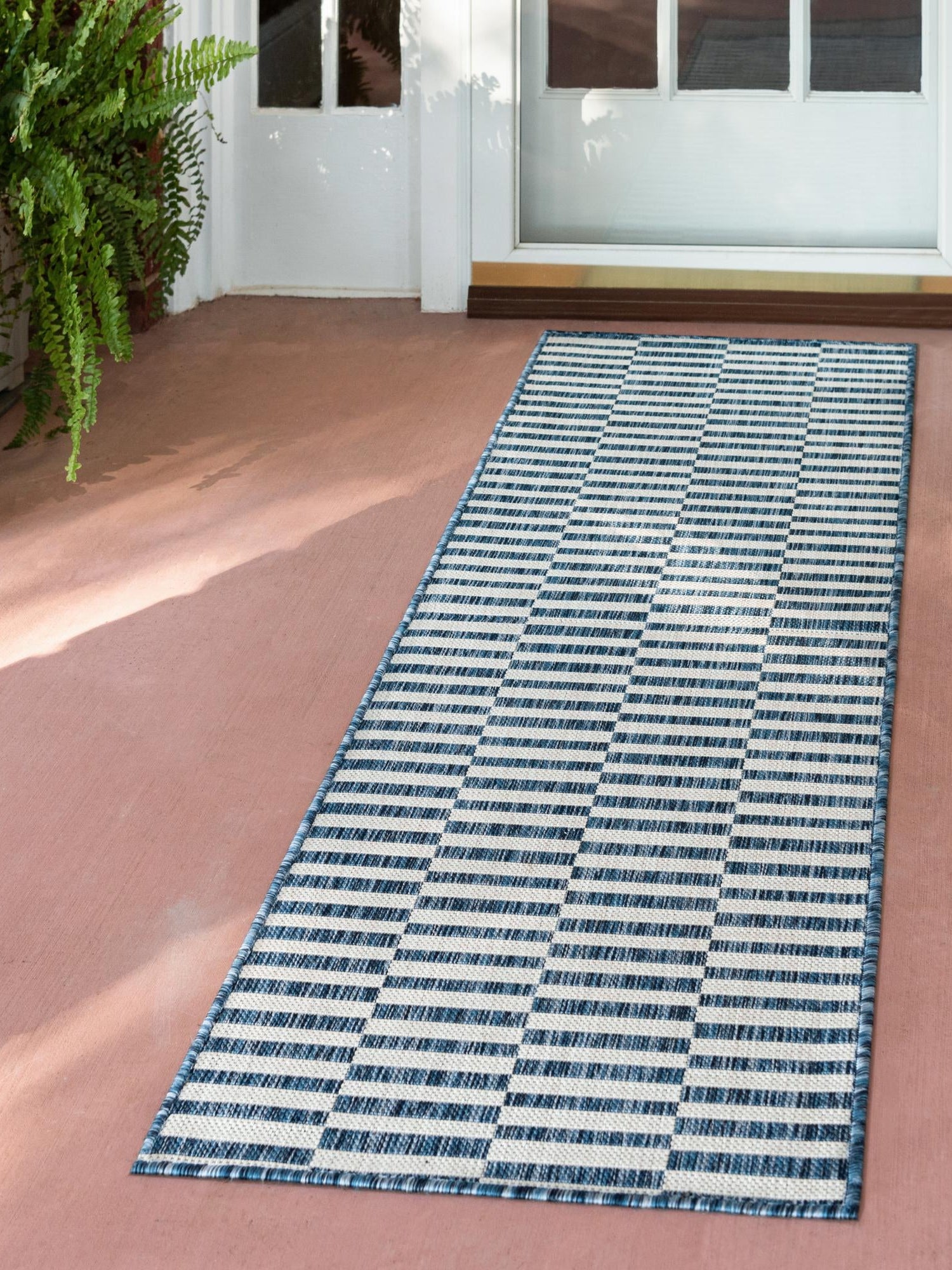 Blue 2' 7 x 10' Outdoor Striped Runner Area Rug Weather Resistant for Patio, Deck, Terrace, Balcony, Porch Geometric Pattern Waterproof Carpet for Sale at Rug Engine
