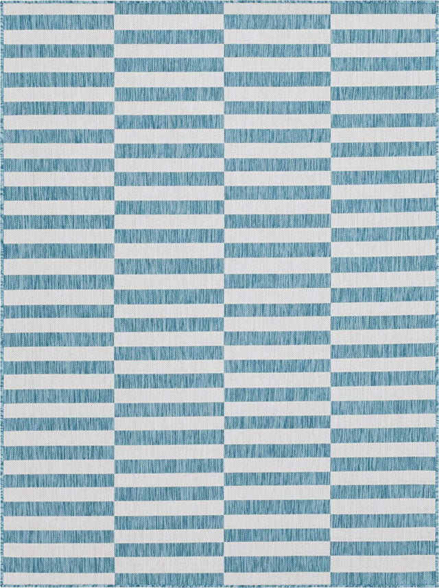 Light Aqua 9' x 12' Outdoor Striped Rectangle Area Rug Weather Resistant for Patio, Deck, Terrace, Balcony, Porch Geometric Pattern Waterproof Carpet for Sale at Rug Engine