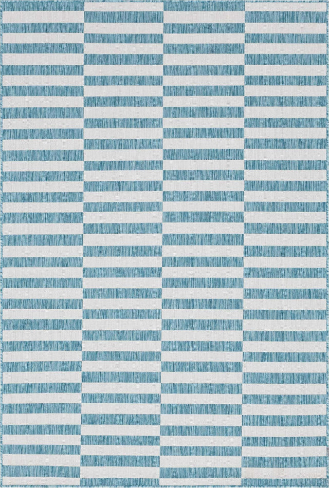 Light Aqua 6' 1 x 9' Outdoor Striped Rectangle Area Rug Weather Resistant for Patio, Deck, Terrace, Balcony, Porch Geometric Pattern Waterproof Carpet for Sale at Rug Engine