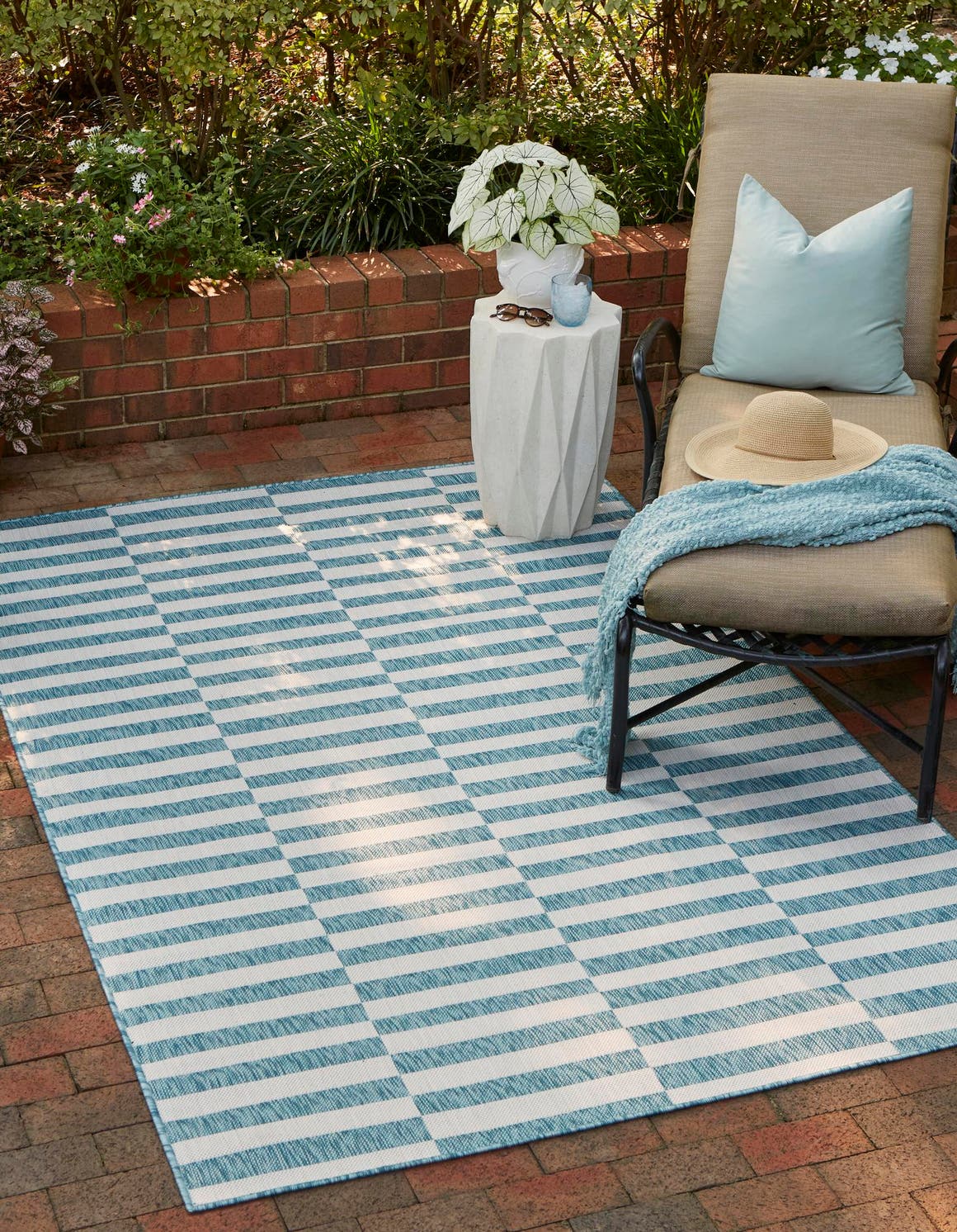 Light Aqua 5' 3 x 8' Outdoor Striped Rectangle Area Rug Weather Resistant for Patio, Deck, Terrace, Balcony, Porch Geometric Pattern Waterproof Carpet for Sale at Rug Engine
