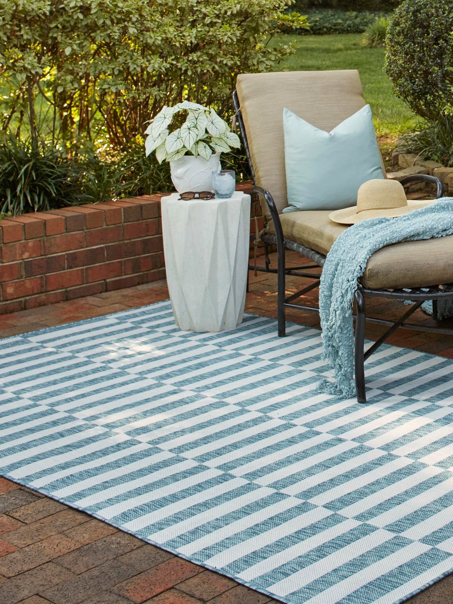 Light Aqua 5' 3 x 8' Outdoor Striped Rectangle Area Rug Weather Resistant for Patio, Deck, Terrace, Balcony, Porch Geometric Pattern Waterproof Carpet for Sale at Rug Engine