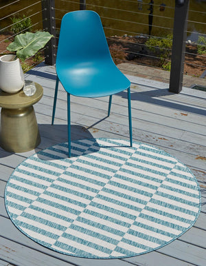 Light Aqua 4' 1 x 4' 1 Outdoor Striped Round Area Rug Weather Resistant for Patio, Deck, Terrace, Balcony, Porch Geometric Pattern Waterproof Carpet for Sale at Rug Engine