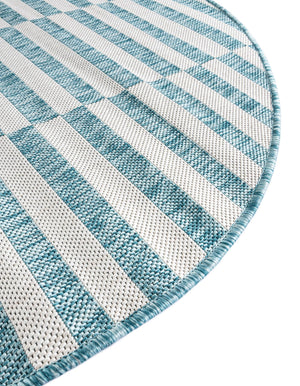 Light Aqua 4' 1 x 4' 1 Outdoor Striped Round Area Rug Weather Resistant for Patio, Deck, Terrace, Balcony, Porch Geometric Pattern Waterproof Carpet for Sale at Rug Engine