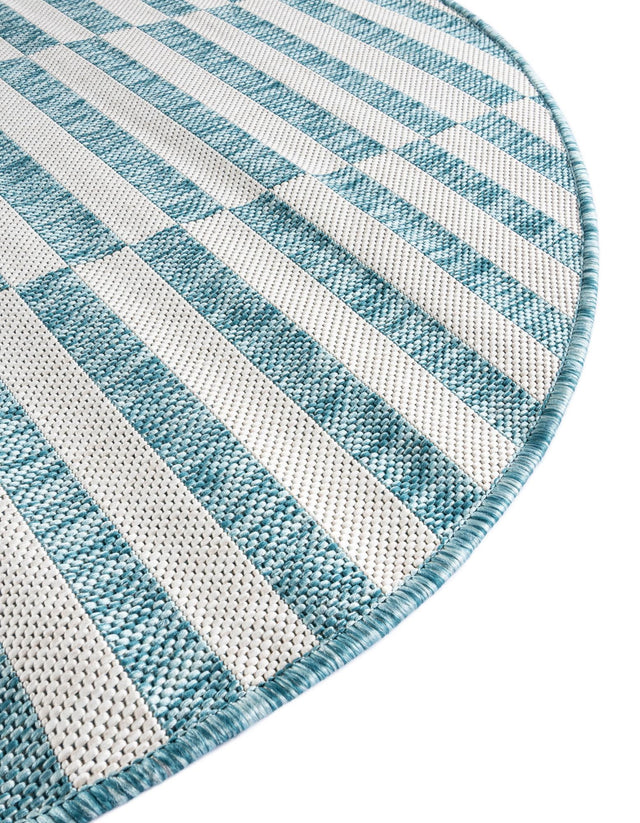 Light Aqua 4' 1 x 4' 1 Outdoor Striped Round Area Rug Weather Resistant for Patio, Deck, Terrace, Balcony, Porch Geometric Pattern Waterproof Carpet for Sale at Rug Engine