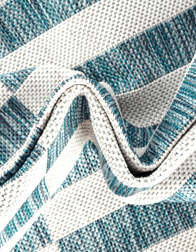Light Aqua 4' 1 x 4' 1 Outdoor Striped Round Area Rug Weather Resistant for Patio, Deck, Terrace, Balcony, Porch Geometric Pattern Waterproof Carpet for Sale at Rug Engine