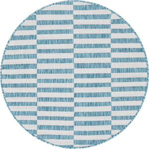 Light Aqua 4' 1 x 4' 1 Outdoor Striped Round Area Rug Weather Resistant for Patio, Deck, Terrace, Balcony, Porch Geometric Pattern Waterproof Carpet for Sale at Rug Engine