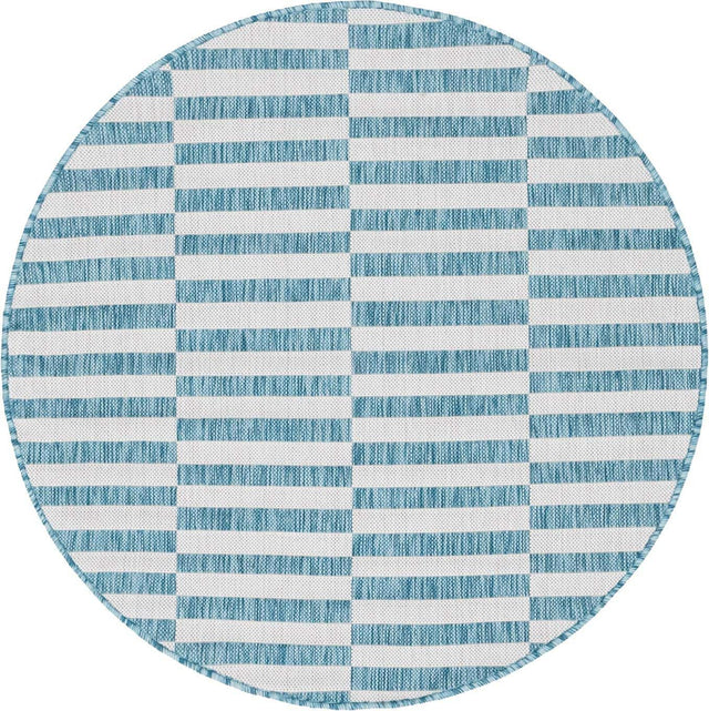 Light Aqua 4' 1 x 4' 1 Outdoor Striped Round Area Rug Weather Resistant for Patio, Deck, Terrace, Balcony, Porch Geometric Pattern Waterproof Carpet for Sale at Rug Engine