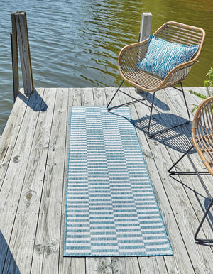 Light Aqua 2' x 6' 1 Outdoor Striped Runner Area Rug Weather Resistant for Patio, Deck, Terrace, Balcony, Porch Geometric Pattern Waterproof Carpet for Sale at Rug Engine
