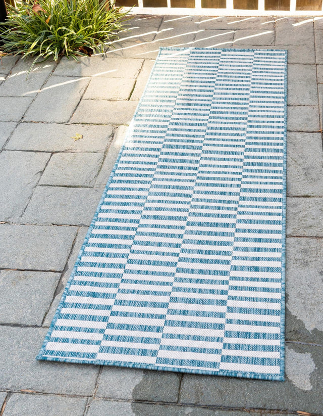 Light Aqua 2' x 6' 1 Outdoor Striped Runner Area Rug Weather Resistant for Patio, Deck, Terrace, Balcony, Porch Geometric Pattern Waterproof Carpet for Sale at Rug Engine