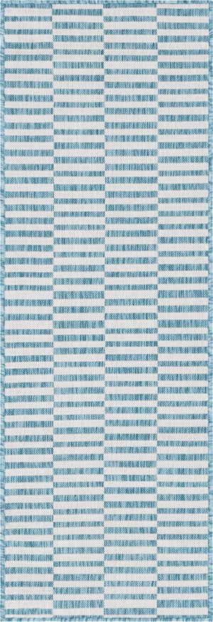 Light Aqua 2' x 6' 1 Outdoor Striped Runner Area Rug Weather Resistant for Patio, Deck, Terrace, Balcony, Porch Geometric Pattern Waterproof Carpet for Sale at Rug Engine
