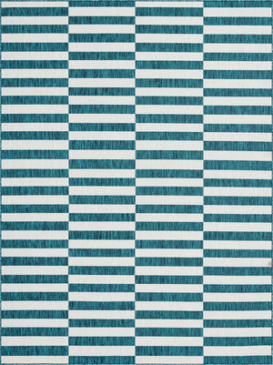 Teal 9' x 12' Outdoor Striped Rectangle Area Rug Weather Resistant for Patio, Deck, Terrace, Balcony, Porch Geometric Pattern Waterproof Carpet for Sale at Rug Engine
