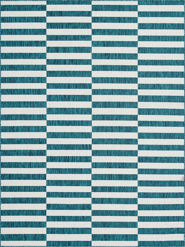 Teal 9' x 12' Outdoor Striped Rectangle Area Rug Weather Resistant for Patio, Deck, Terrace, Balcony, Porch Geometric Pattern Waterproof Carpet for Sale at Rug Engine