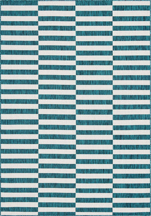Teal 7' 1 x 10' Outdoor Striped Rectangle Area Rug Weather Resistant for Patio, Deck, Terrace, Balcony, Porch Geometric Pattern Waterproof Carpet for Sale at Rug Engine