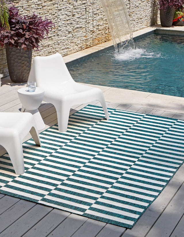 Teal 9' x 12' Outdoor Striped Rectangle Area Rug Weather Resistant for Patio, Deck, Terrace, Balcony, Porch Geometric Pattern Waterproof Carpet for Sale at Rug Engine