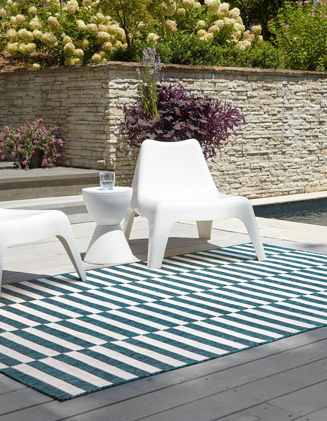 Teal 7' 1 x 10' Outdoor Striped Rectangle Area Rug Weather Resistant for Patio, Deck, Terrace, Balcony, Porch Geometric Pattern Waterproof Carpet for Sale at Rug Engine