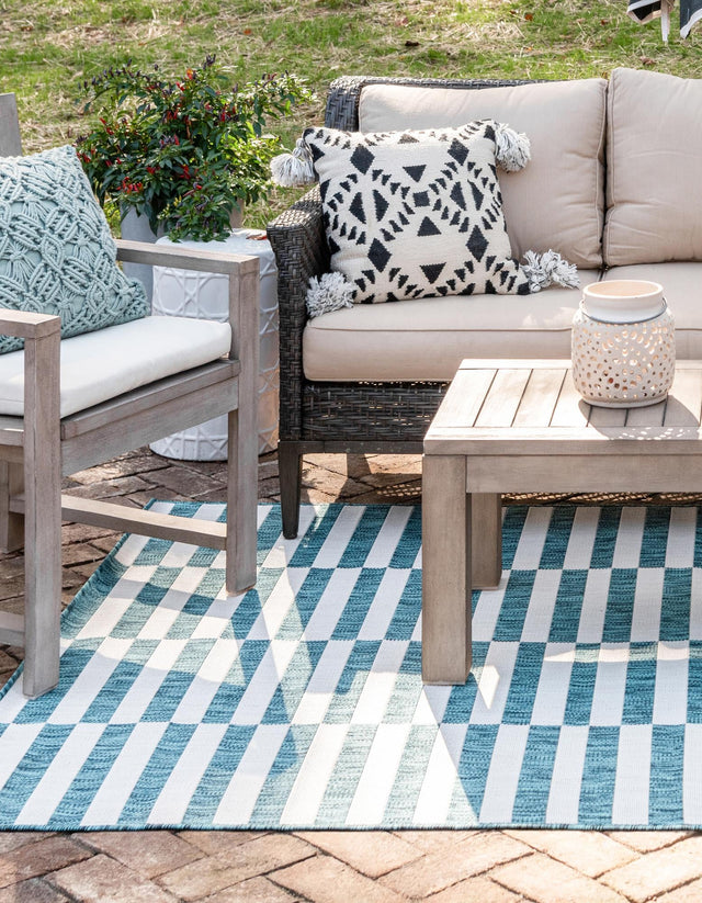 Teal 7' 1 x 10' Outdoor Striped Rectangle Area Rug Weather Resistant for Patio, Deck, Terrace, Balcony, Porch Geometric Pattern Waterproof Carpet for Sale at Rug Engine