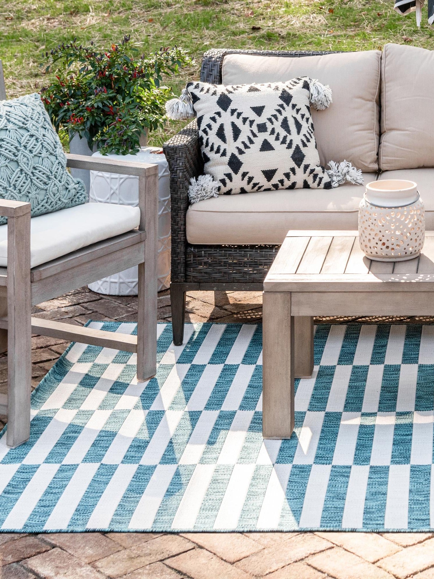 Teal 9' x 12' Outdoor Striped Rectangle Area Rug Weather Resistant for Patio, Deck, Terrace, Balcony, Porch Geometric Pattern Waterproof Carpet for Sale at Rug Engine