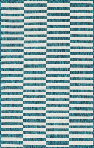 Teal 5' 3 x 8' Outdoor Striped Rectangle Area Rug Weather Resistant for Patio, Deck, Terrace, Balcony, Porch Geometric Pattern Waterproof Carpet for Sale at Rug Engine
