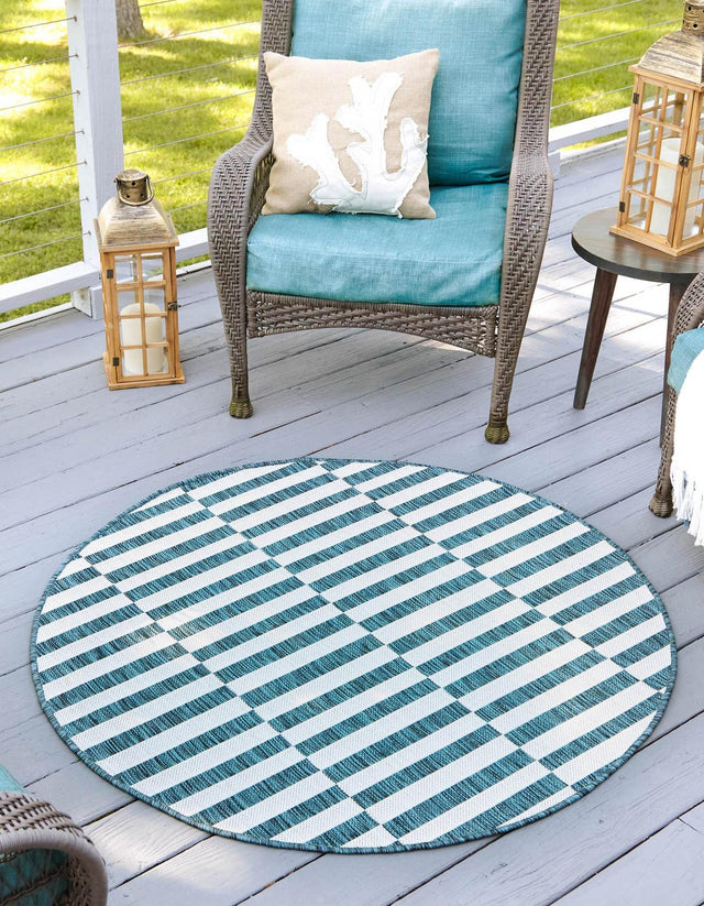 Teal 4' 1 x 4' 1 Outdoor Striped Round Area Rug Weather Resistant for Patio, Deck, Terrace, Balcony, Porch Geometric Pattern Waterproof Carpet for Sale at Rug Engine