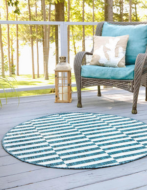 Teal 4' 1 x 4' 1 Outdoor Striped Round Area Rug Weather Resistant for Patio, Deck, Terrace, Balcony, Porch Geometric Pattern Waterproof Carpet for Sale at Rug Engine
