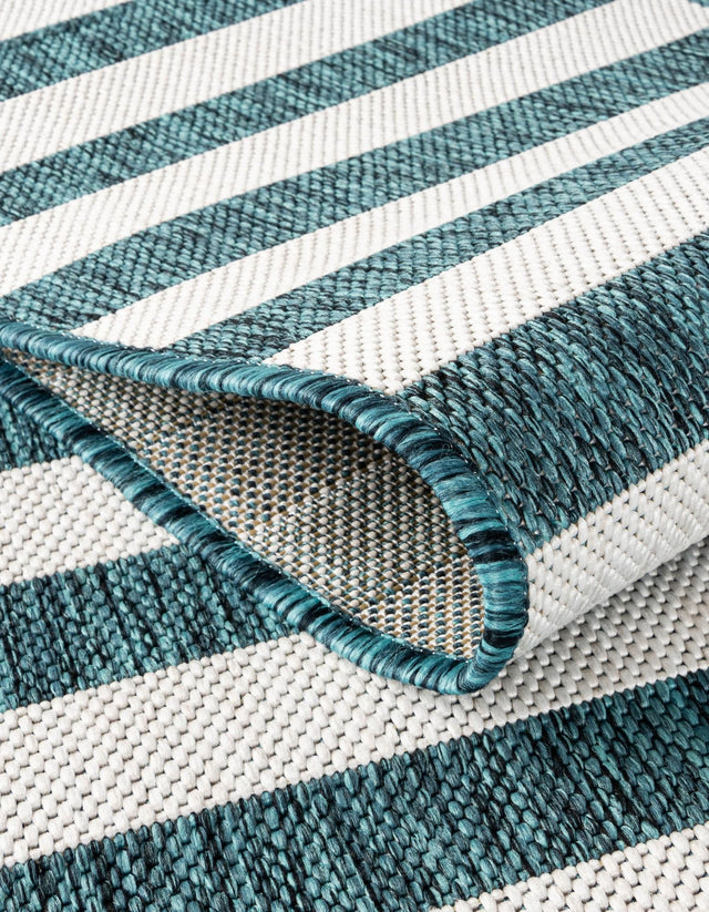 Teal 4' 1 x 4' 1 Outdoor Striped Round Area Rug Weather Resistant for Patio, Deck, Terrace, Balcony, Porch Geometric Pattern Waterproof Carpet for Sale at Rug Engine