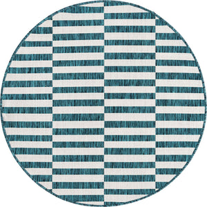 Teal 4' 1 x 4' 1 Outdoor Striped Round Area Rug Weather Resistant for Patio, Deck, Terrace, Balcony, Porch Geometric Pattern Waterproof Carpet for Sale at Rug Engine
