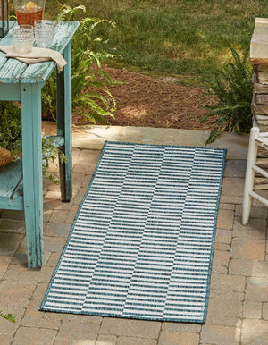 Teal 2' x 6' 1 Outdoor Striped Runner Area Rug Weather Resistant for Patio, Deck, Terrace, Balcony, Porch Geometric Pattern Waterproof Carpet for Sale at Rug Engine