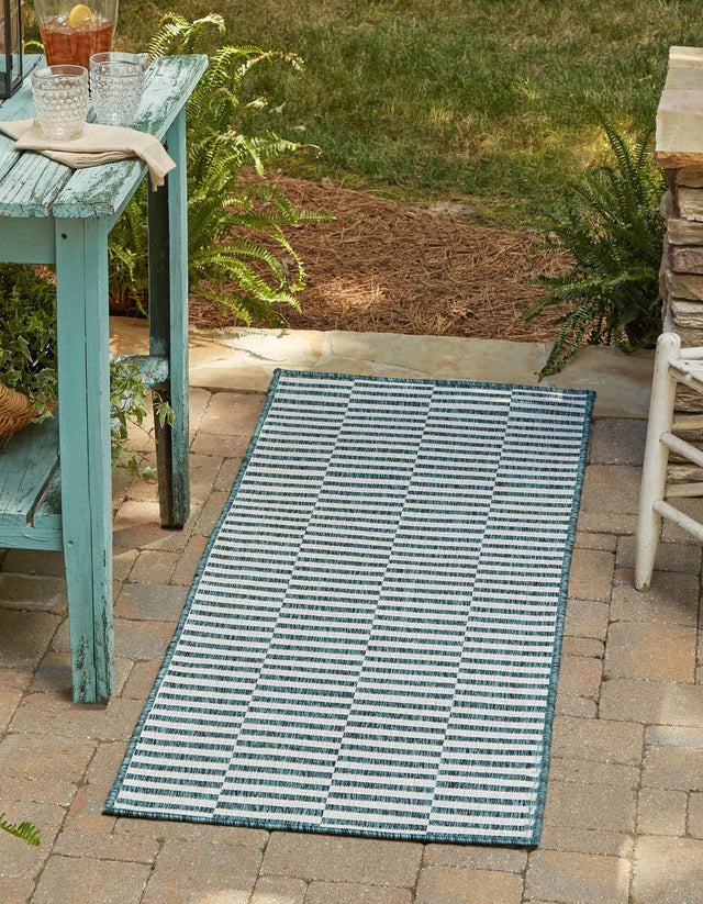 Teal 2' x 6' 1 Outdoor Striped Runner Area Rug Weather Resistant for Patio, Deck, Terrace, Balcony, Porch Geometric Pattern Waterproof Carpet for Sale at Rug Engine