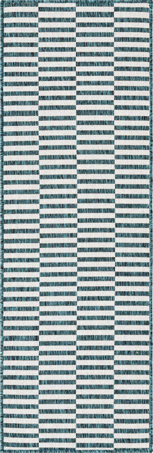 Teal 2' x 6' 1 Outdoor Striped Runner Area Rug Weather Resistant for Patio, Deck, Terrace, Balcony, Porch Geometric Pattern Waterproof Carpet for Sale at Rug Engine