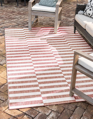 Rust Red 8' x 11' Outdoor Striped Rectangle Area Rug Weather Resistant for Patio, Deck, Terrace, Balcony, Porch Geometric Pattern Waterproof Carpet for Sale at Rug Engine