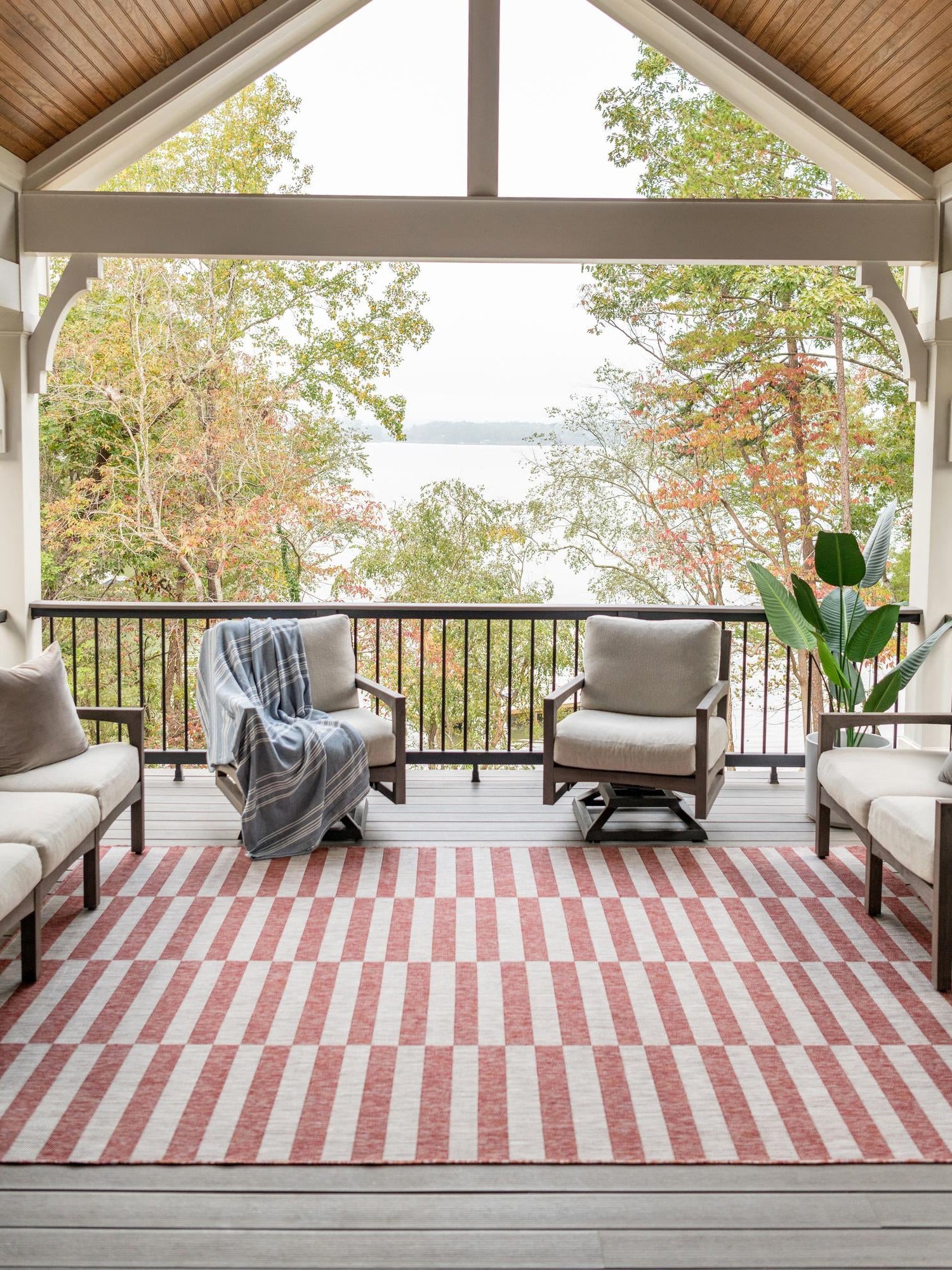 Rust Red 5' 3 x 8' Outdoor Striped Rectangle Area Rug Weather Resistant for Patio, Deck, Terrace, Balcony, Porch Geometric Pattern Waterproof Carpet for Sale at Rug Engine