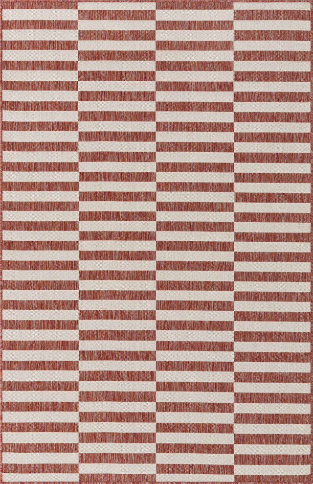 Rust Red 5' 3 x 8' Outdoor Striped Rectangle Area Rug Weather Resistant for Patio, Deck, Terrace, Balcony, Porch