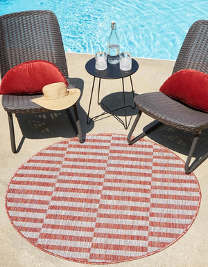 Rust Red 4' 1 x 4' 1 Outdoor Striped Round Area Rug Weather Resistant for Patio, Deck, Terrace, Balcony, Porch Geometric Pattern Waterproof Carpet for Sale at Rug Engine