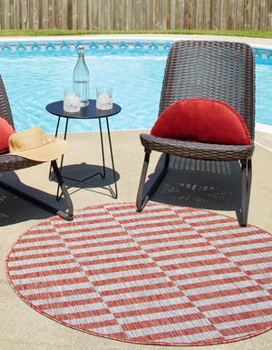 Rust Red 4' 1 x 4' 1 Outdoor Striped Round Area Rug Weather Resistant for Patio, Deck, Terrace, Balcony, Porch Geometric Pattern Waterproof Carpet for Sale at Rug Engine
