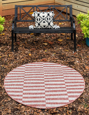 Rust Red 4' 1 x 4' 1 Outdoor Striped Round Area Rug Weather Resistant for Patio, Deck, Terrace, Balcony, Porch Geometric Pattern Waterproof Carpet for Sale at Rug Engine