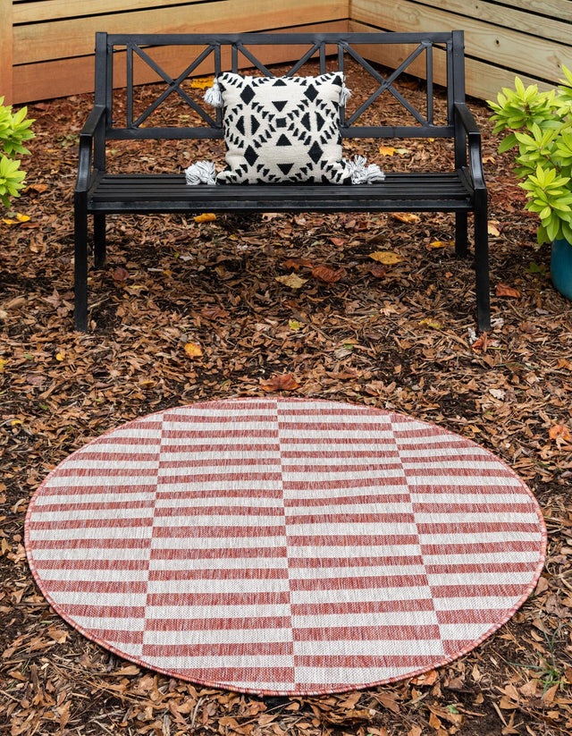 Rust Red 4' 1 x 4' 1 Outdoor Striped Round Area Rug Weather Resistant for Patio, Deck, Terrace, Balcony, Porch Geometric Pattern Waterproof Carpet for Sale at Rug Engine